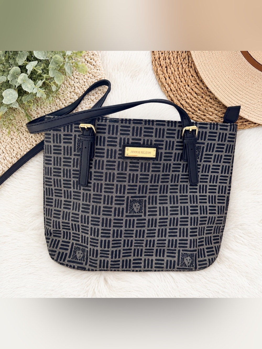 Anne Klein Navy Blue Patterned Shoulder Bag with Gold Accent